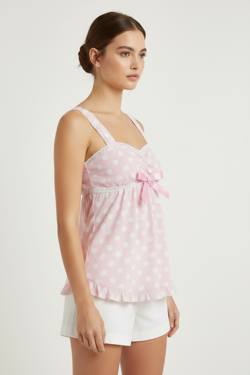 PinkLizzie Polka-Dot Bow-Lace Crop Top – pink top, side view