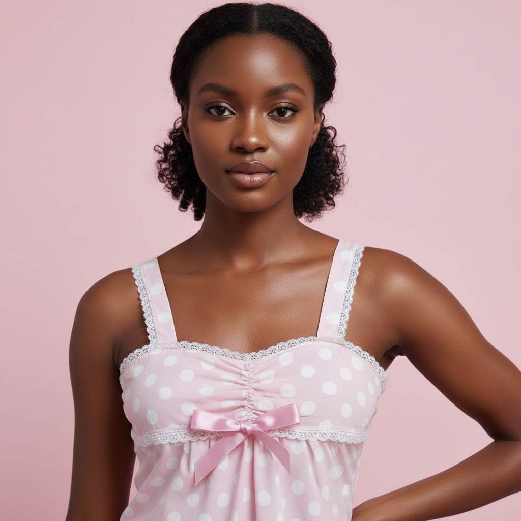 PinkLizzie Polka-Dot Bow-Lace Crop Top – pink top, styling detail