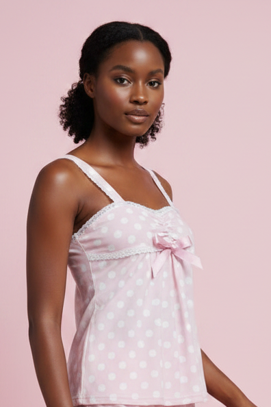 PinkLizzie Polka-Dot Bow-Lace Crop Top – pink top, front view