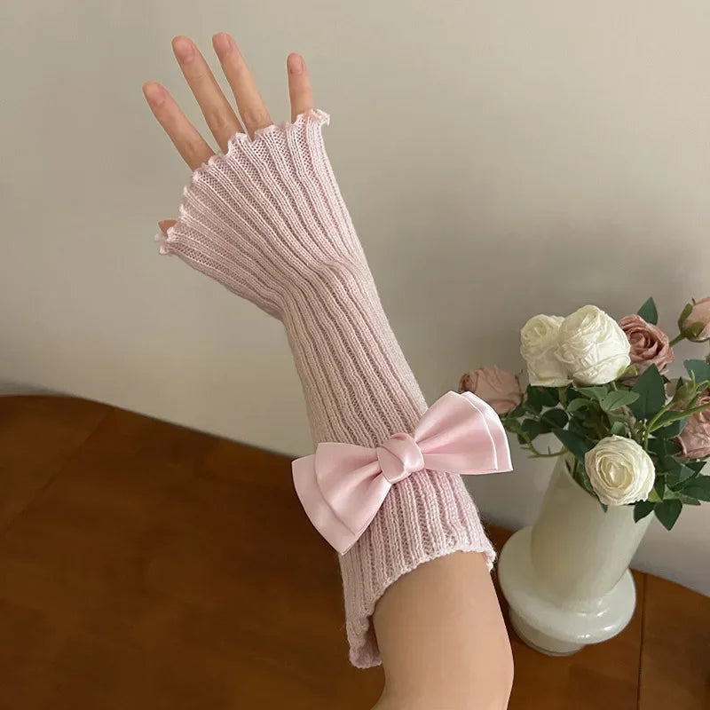 PINKLIZZIE | Knitted Bow Fingerless Arm Warmers