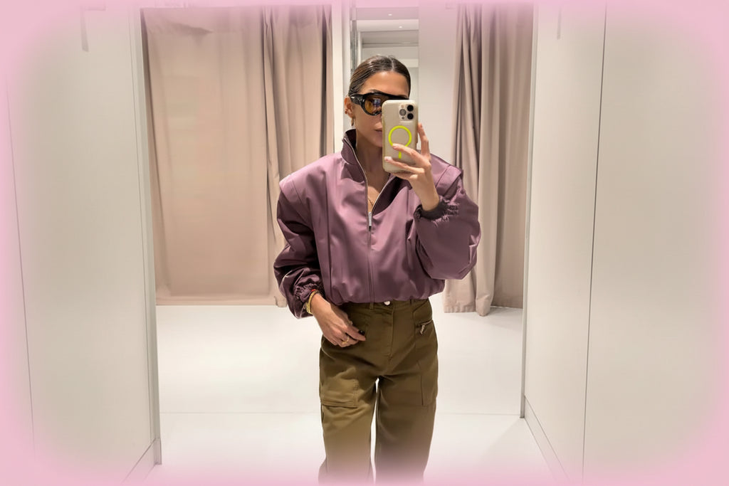 Mauve Satin Puff-Sleeve Bomber Jacket