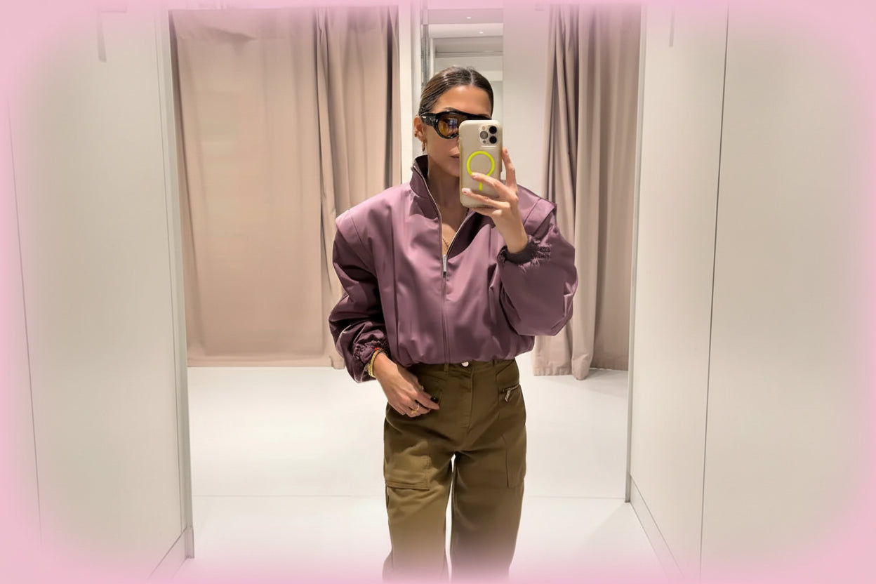 Mauve Satin Puff-Sleeve Bomber Jacket