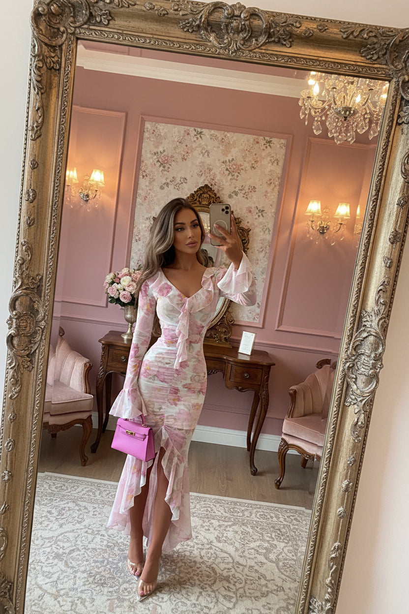 Pink Floral Ruffle Chiffon Maxi Dress
