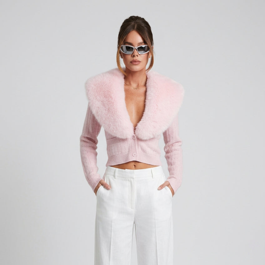 PINKLIZZIE | Faux Fur Collar Cropped Knit Cardigan