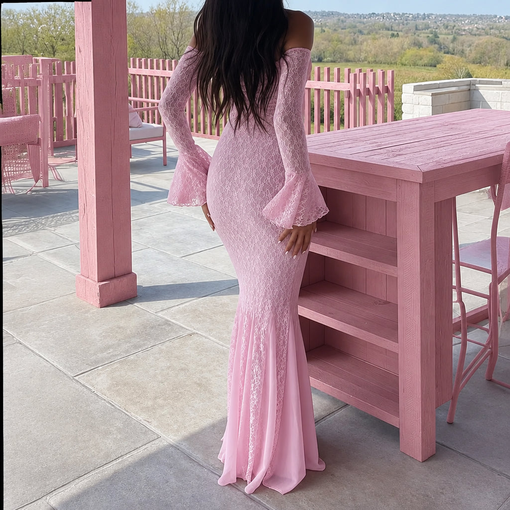 PINKLIZZIE | French Lace Long-Sleeve Pink Maxi Dress
