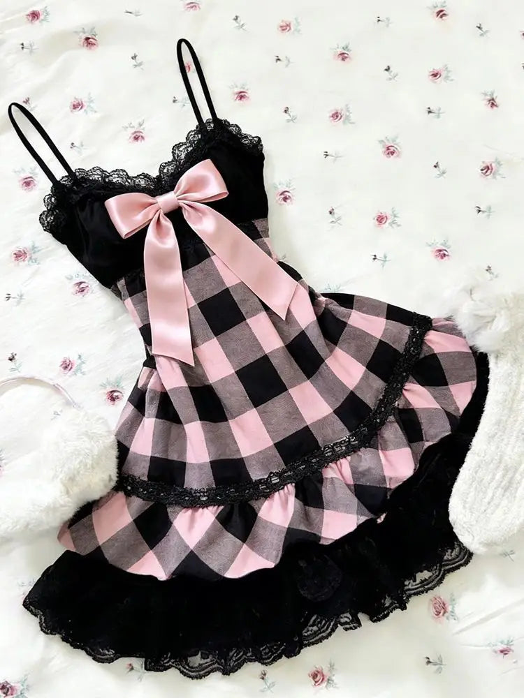 PINKLIZZIE | Checkered Bow Halter Mini Dress