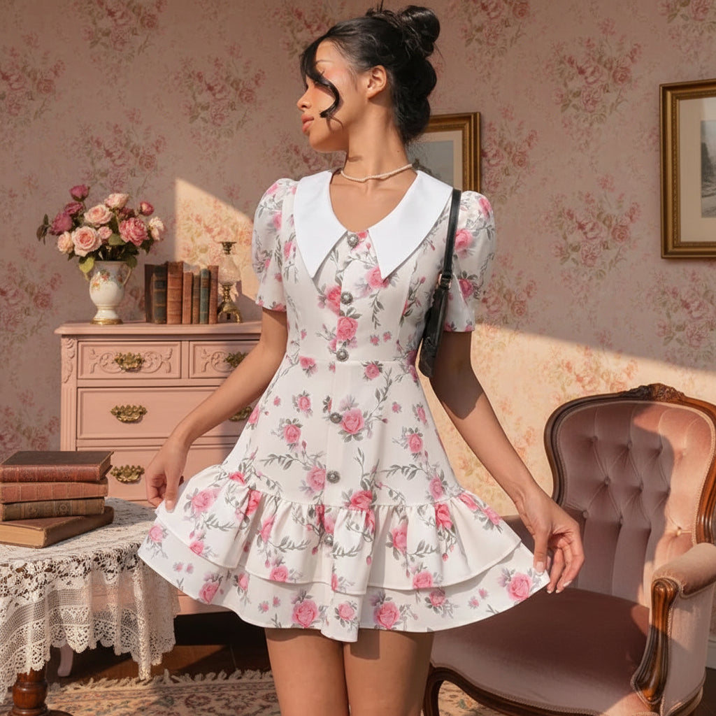 Pearl-Button Puff-Sleeve Mini Dress