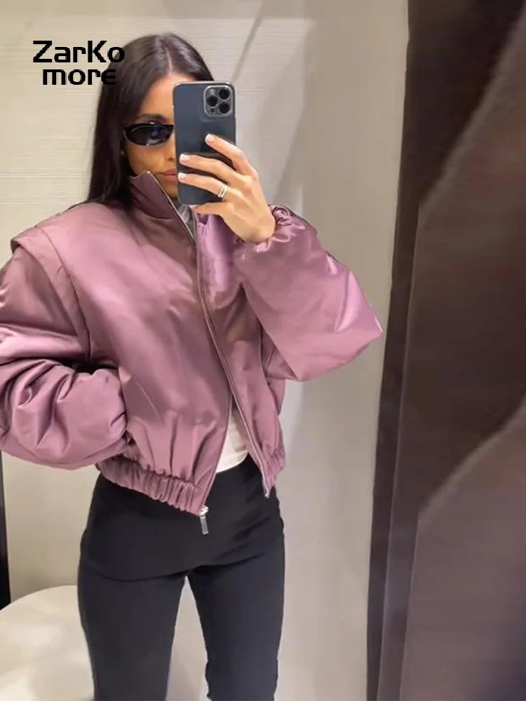 Mauve Satin Puff-Sleeve Bomber Jacket