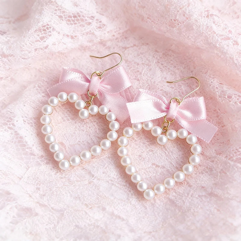PINKLIZZIE | Pink Heart Bow Pearl Drop Earrings