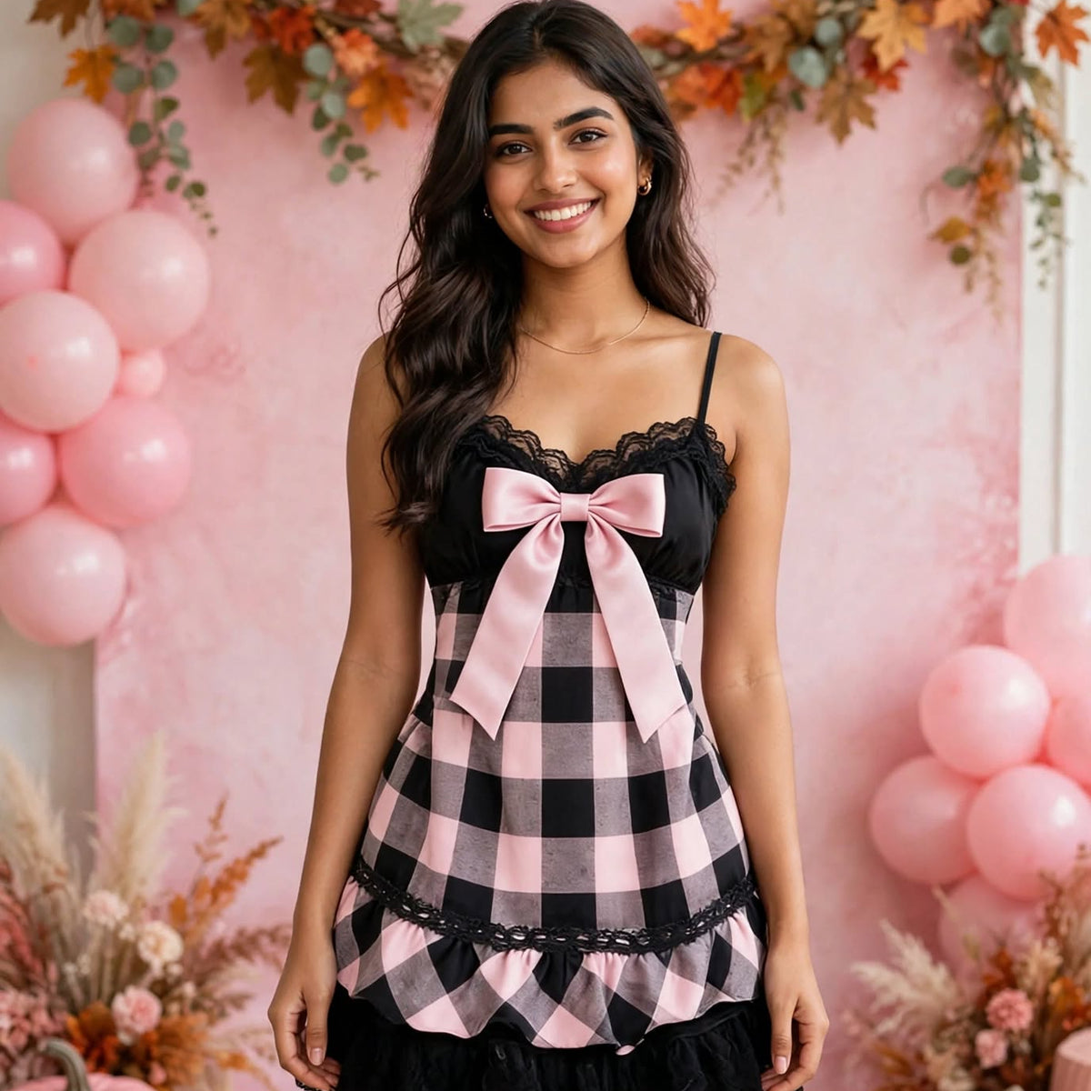 PINKLIZZIE | Checkered Bow Halter Mini Dress