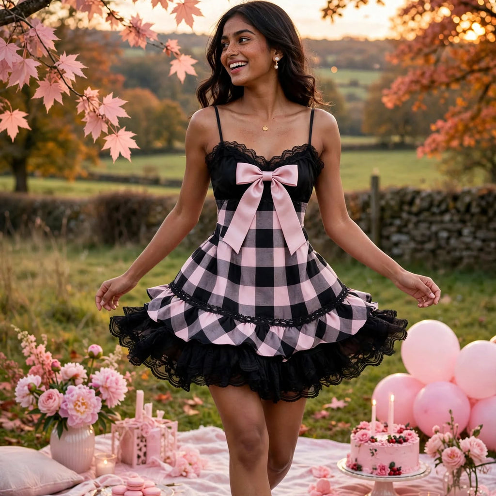 PINKLIZZIE | Checkered Bow Halter Mini Dress