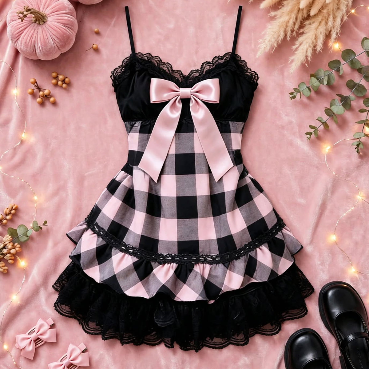 PINKLIZZIE | Checkered Bow Halter Mini Dress