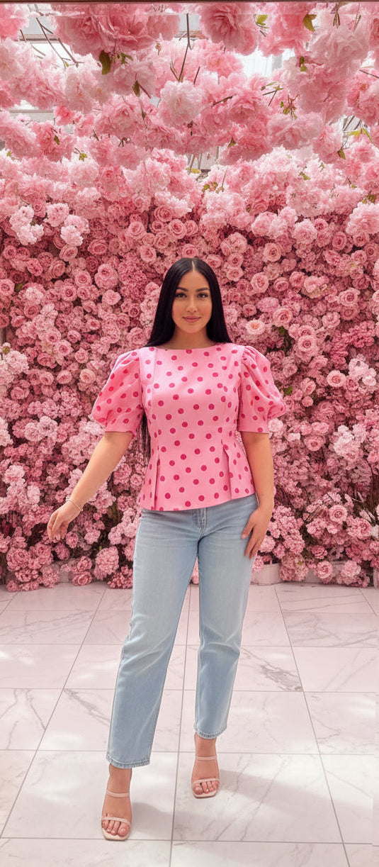 Polka-Dot Puff-Sleeve Blouse
