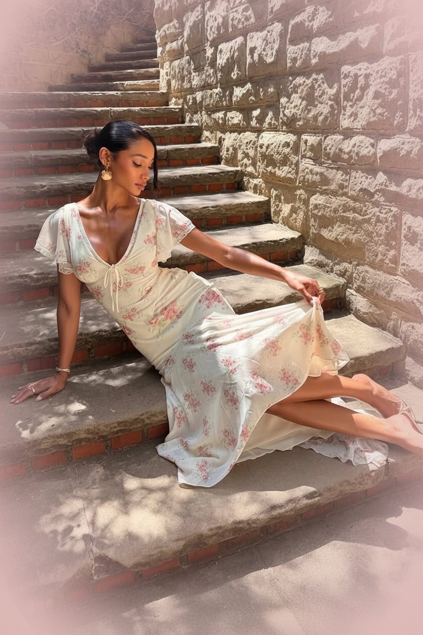 Printed V-Neck Fishtail Maxi Dress