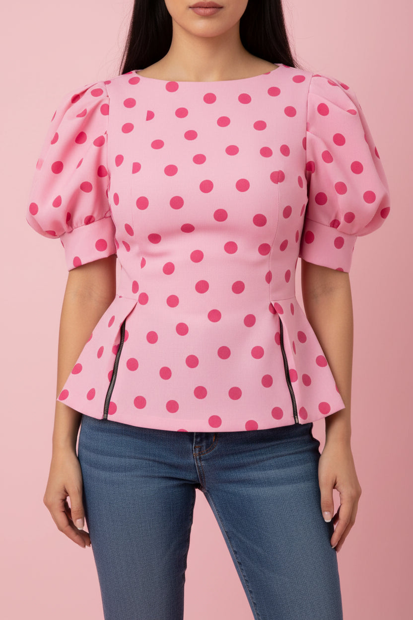 Polka-Dot Puff-Sleeve Blouse