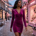 PINKLIZZIE | Fuchsia Ruffle-Waist V-Neck Bodycon Mini Dress
