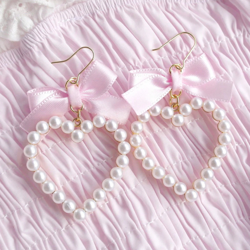 PINKLIZZIE | Pink Heart Bow Pearl Drop Earrings