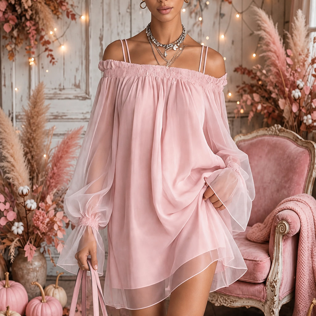 PINKLIZZIE | Off-Shoulder Sheer Mesh Fairy Mini Dress