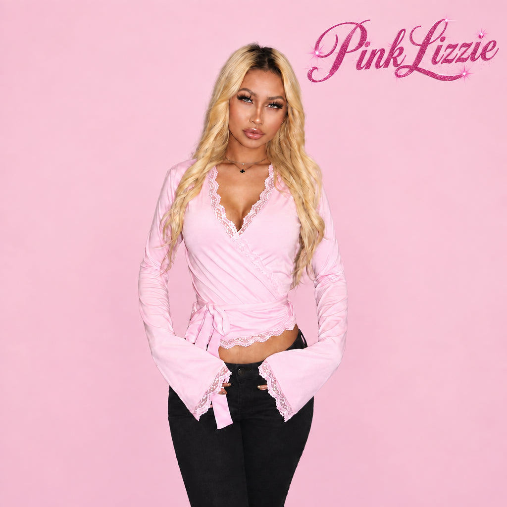 PINKLIZZIE | Lace-Trim Wrap Flare-Sleeve Crop Top