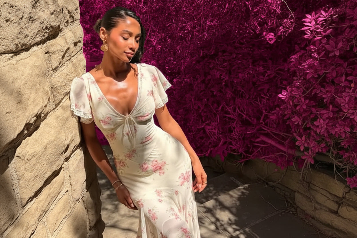 Printed V-Neck Fishtail Maxi Dress