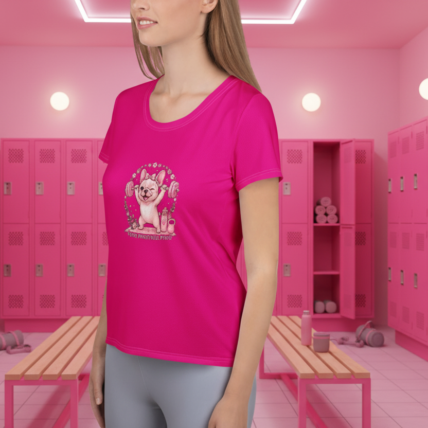 Pink French Bulldog Activewear Top for Women | Cute Gym T-Shirt by PinkLizzie