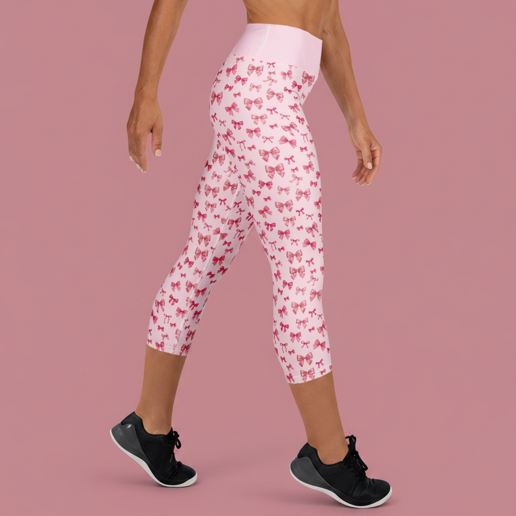 Pink Bows & Ribbons Yoga Capri Leggings| Cute Activewear by PinkLizzie