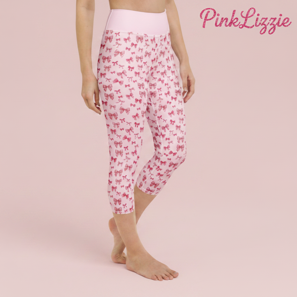 Pink Bows & Ribbons Yoga Capri Leggings| Cute Activewear by PinkLizzie