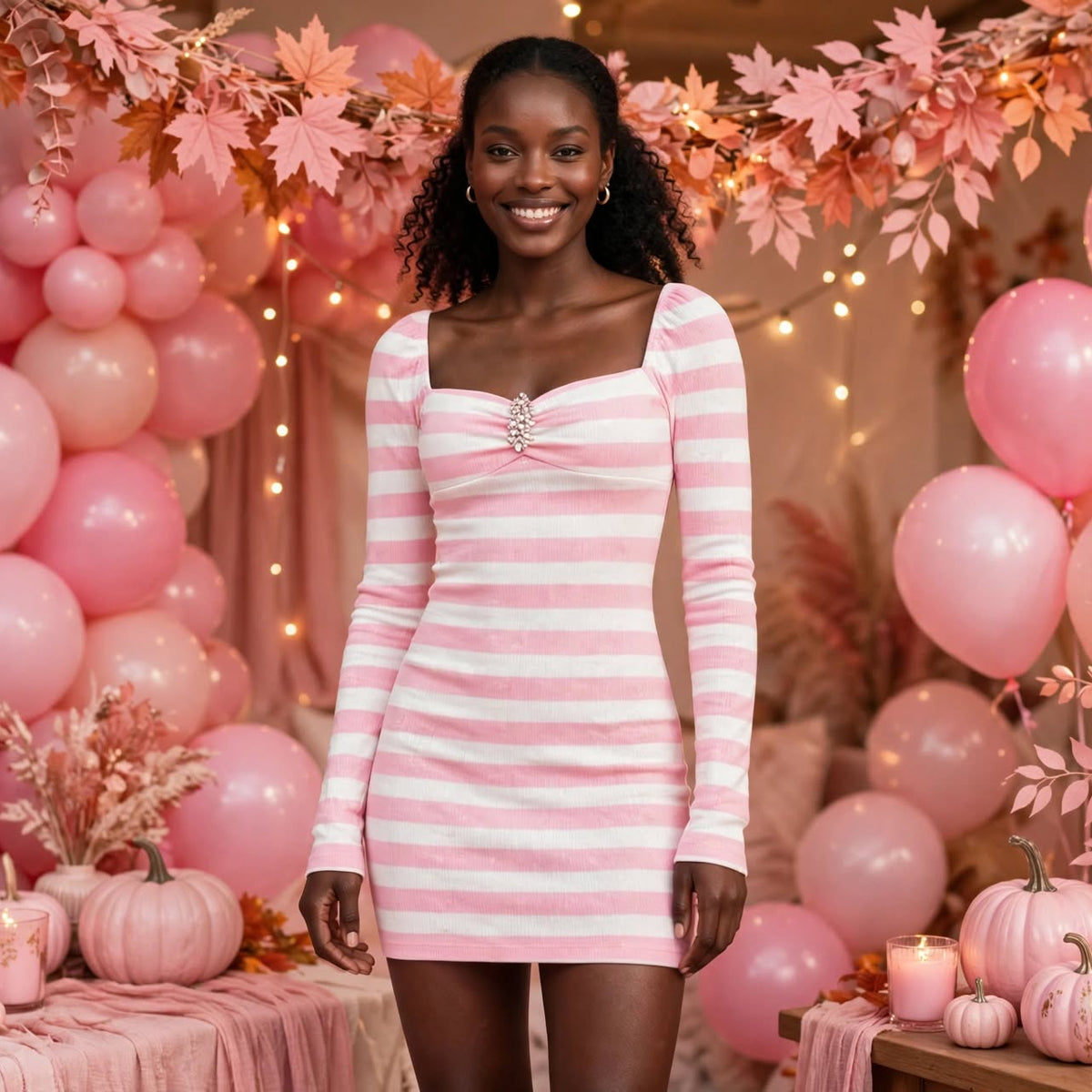 PinkLizzie Striped Long-Sleeve Mini Dress – pink dresse, styled detail