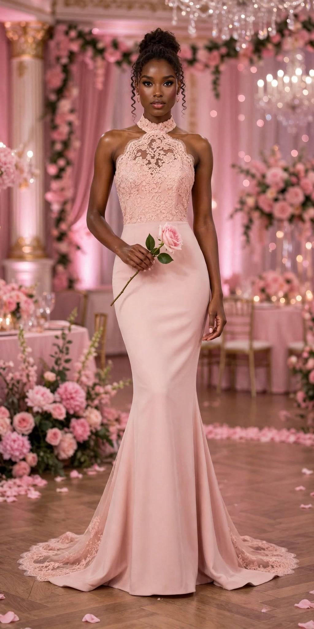 PINKLIZZIE | Lace Halterneck Evening Dress