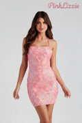PinkLizzie Sequin Sling Sheath Slim Fit Mini Dress – pink dresse, front view