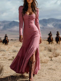 PinkLizzie Retro Western Button Pleated Long Sleeve Dress – pink dresse, styled detail