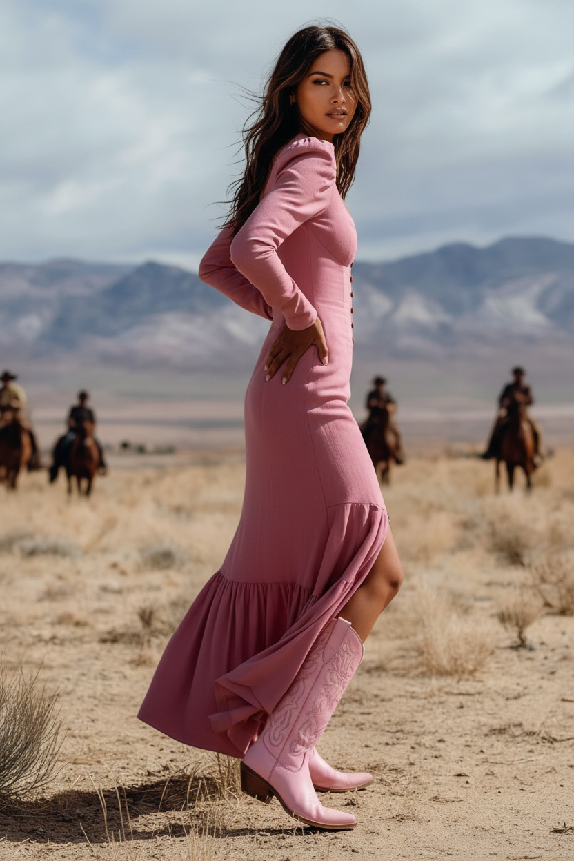PinkLizzie Retro Western Button Pleated Long Sleeve Dress – pink dresse, fabric close-up