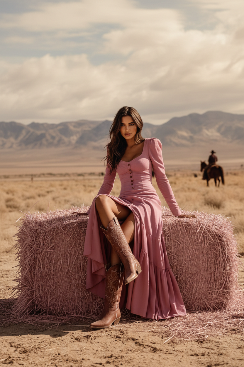 PinkLizzie Retro Western Button Pleated Long Sleeve Dress – pink dresse, front view
