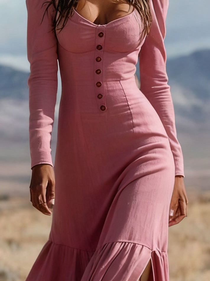 PinkLizzie Retro Western Button Pleated Long Sleeve Dress – pink dresse, side view