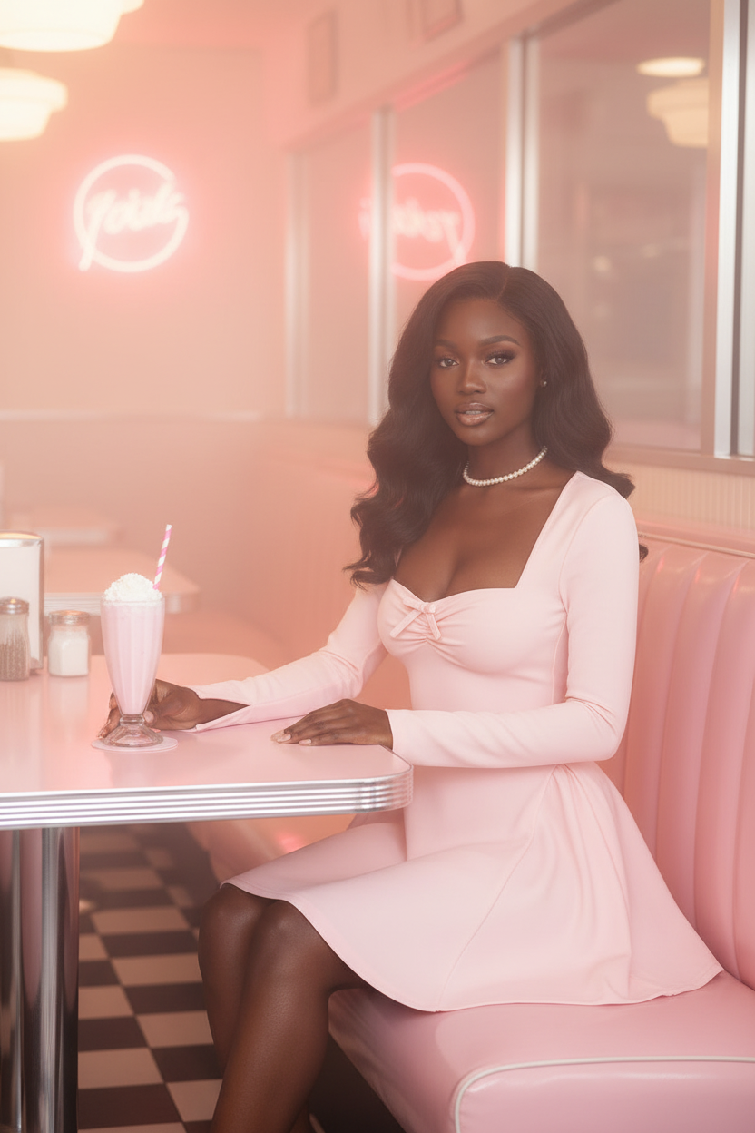 PinkLizzie Y2K Low-Neck Long-Sleeve A-Line Mini Dress – pink dresse, styling detail