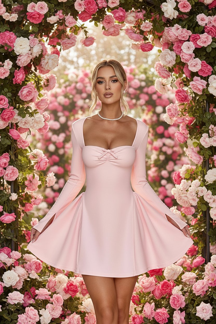 PinkLizzie Y2K Low-Neck Long-Sleeve A-Line Mini Dress – pink dresse, back view
