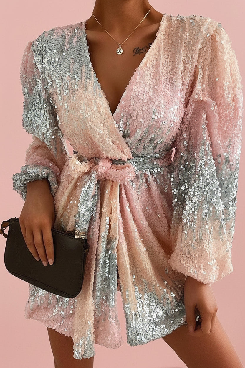 PinkLizzie Sequin V-Neck Lace Dress – pink dresse, fabric close-up