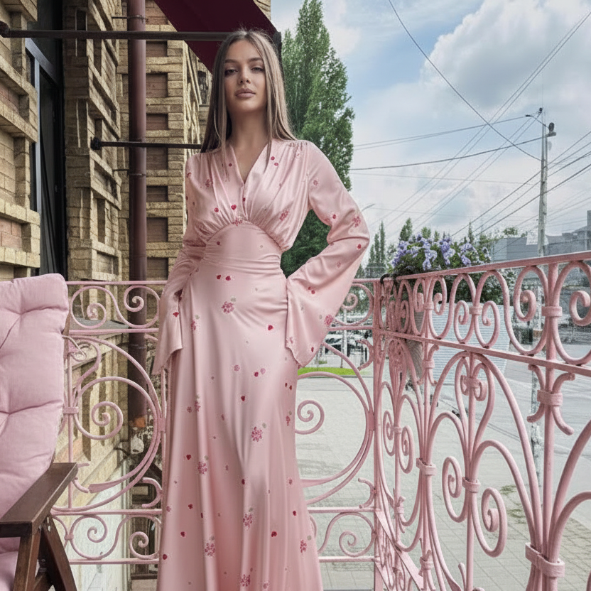 PinkLizzie V-Neck Printed Flared Sleeve Dress – pink dresse, styled detail