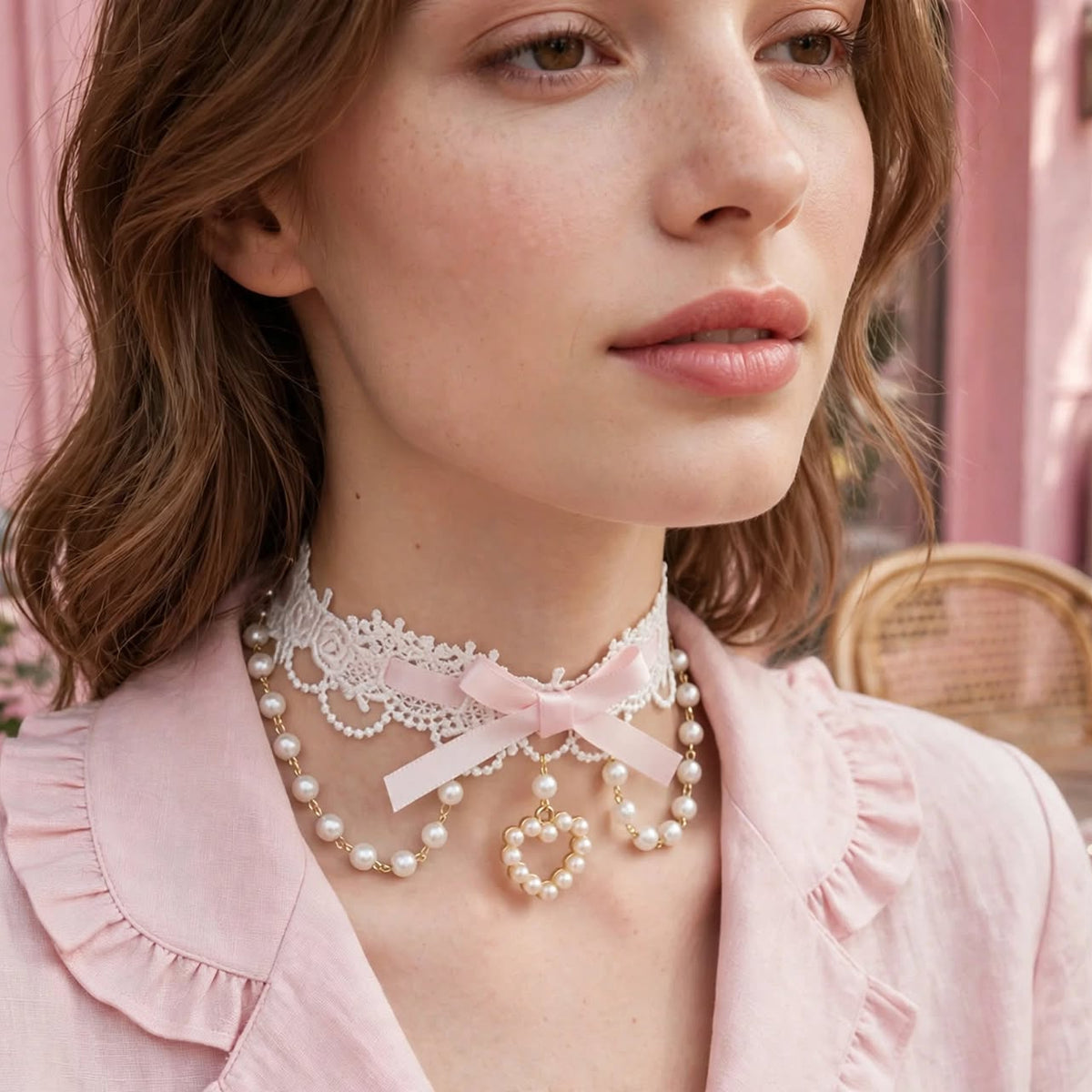 PINKLIZZIE | Pearl Lace Ribbon Bow Choker
