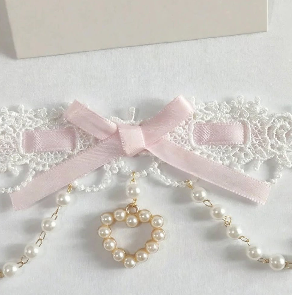PINKLIZZIE | Pearl Lace Ribbon Bow Choker