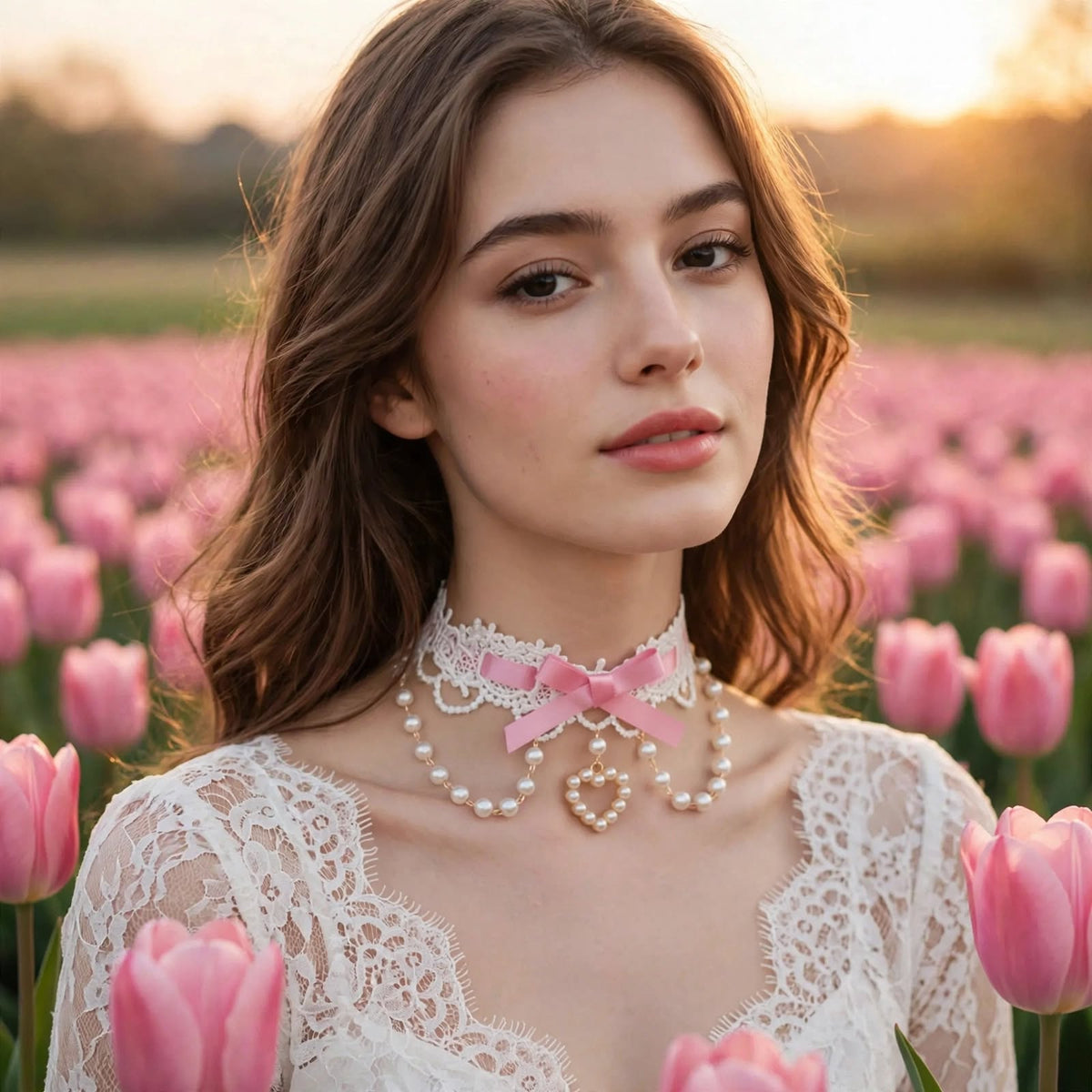 PINKLIZZIE | Pearl Lace Ribbon Bow Choker