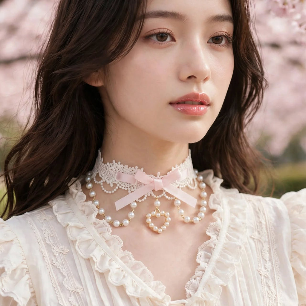 PINKLIZZIE | Pearl Lace Ribbon Bow Choker