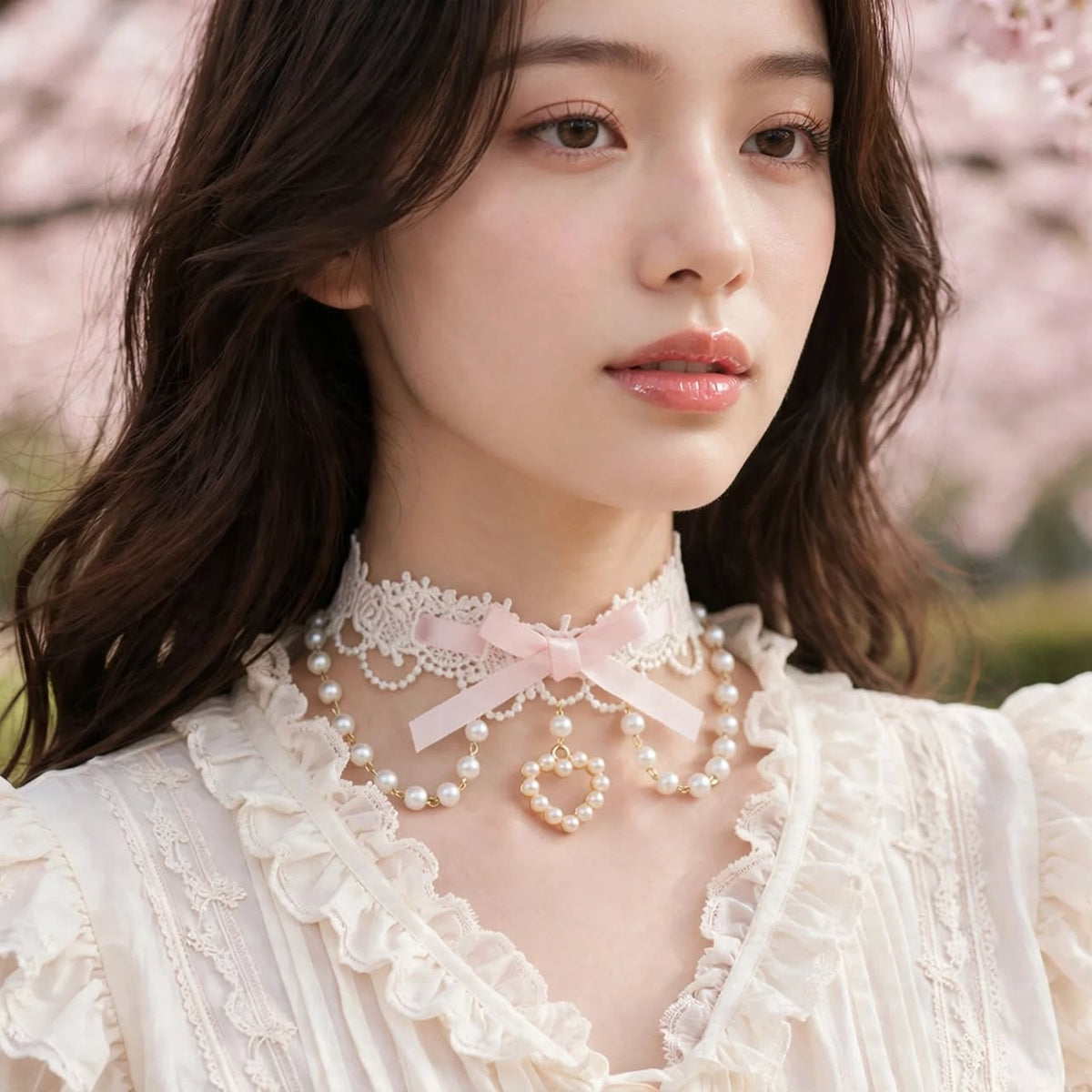 PINKLIZZIE | Pearl Lace Ribbon Bow Choker