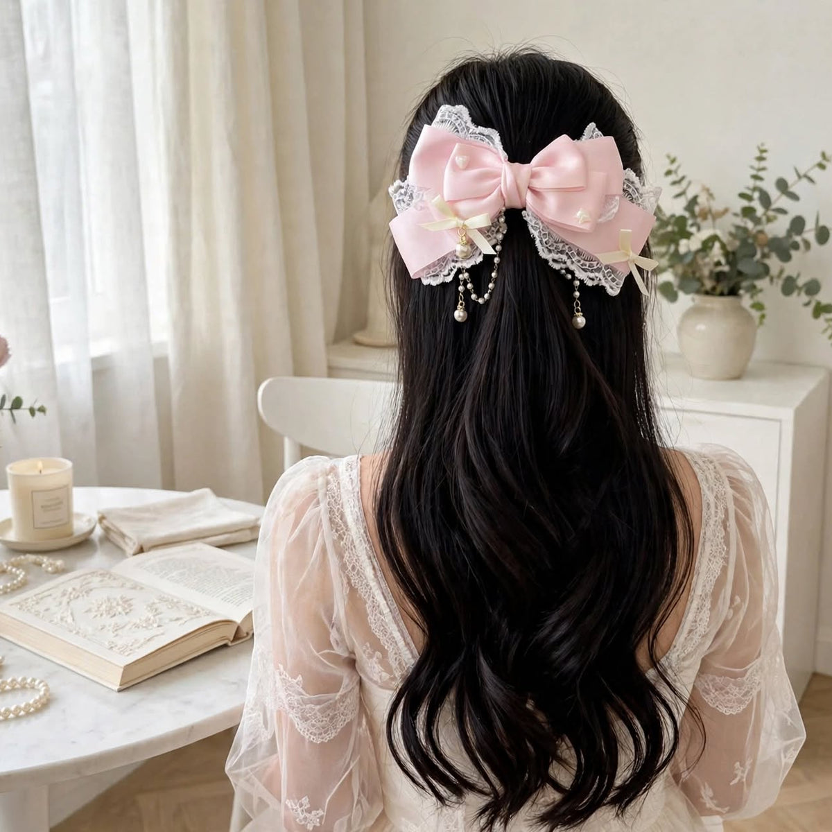 PINKLIZZIE | Pearl Chain Bow Lace Hair Clip
