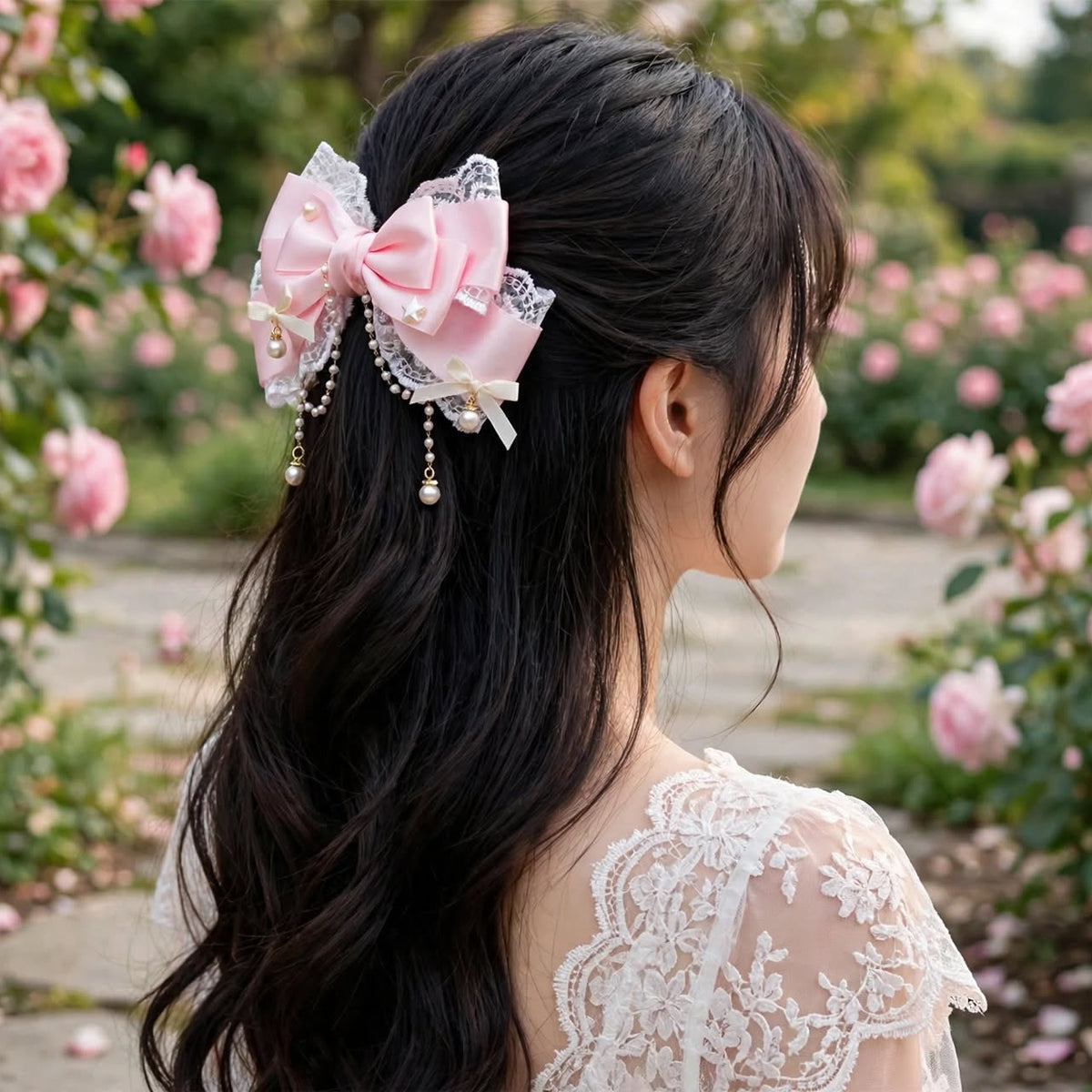 PINKLIZZIE | Pearl Chain Bow Lace Hair Clip