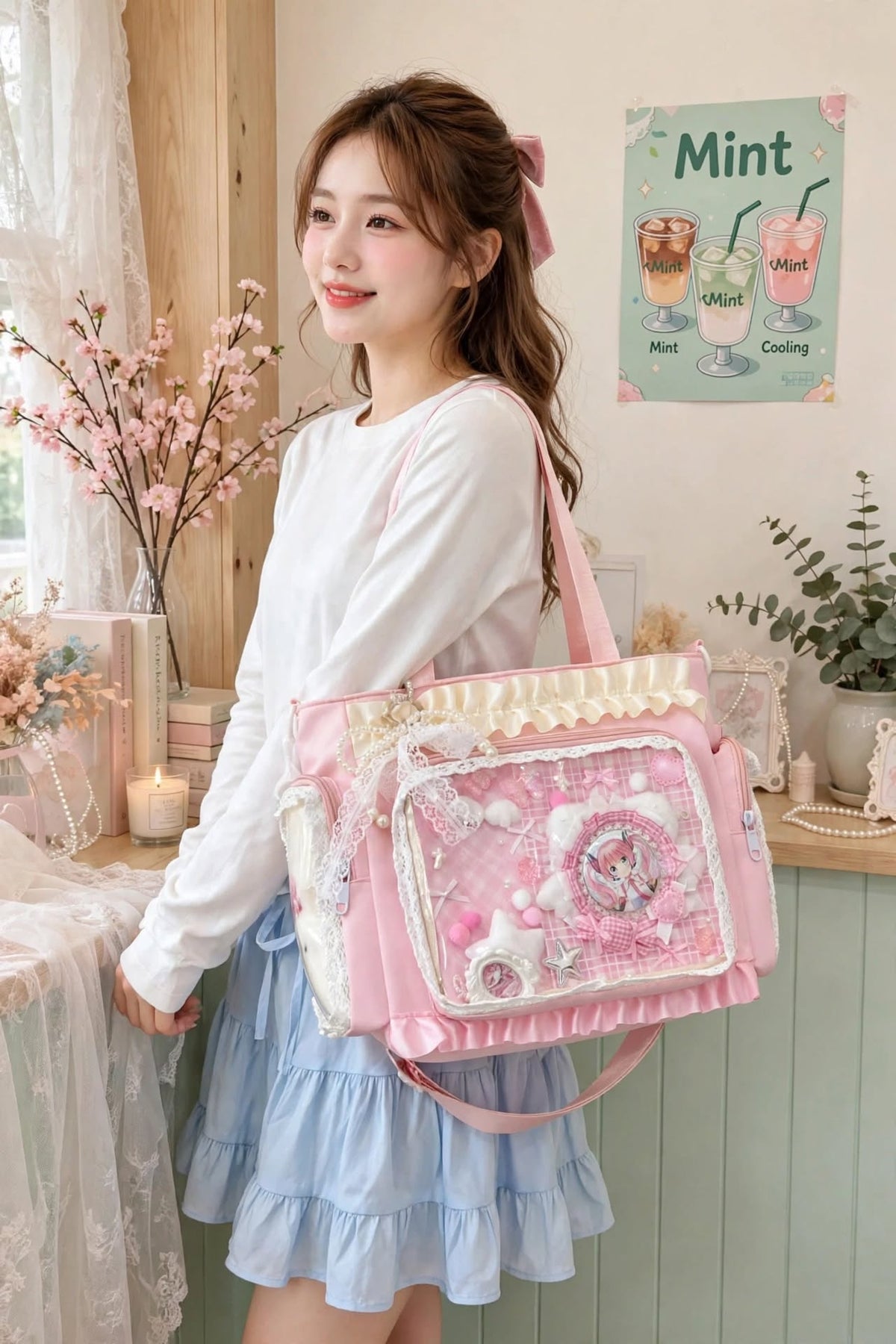 PINKLIZZIE | Pink & Transparent Lace Crossbody Tote