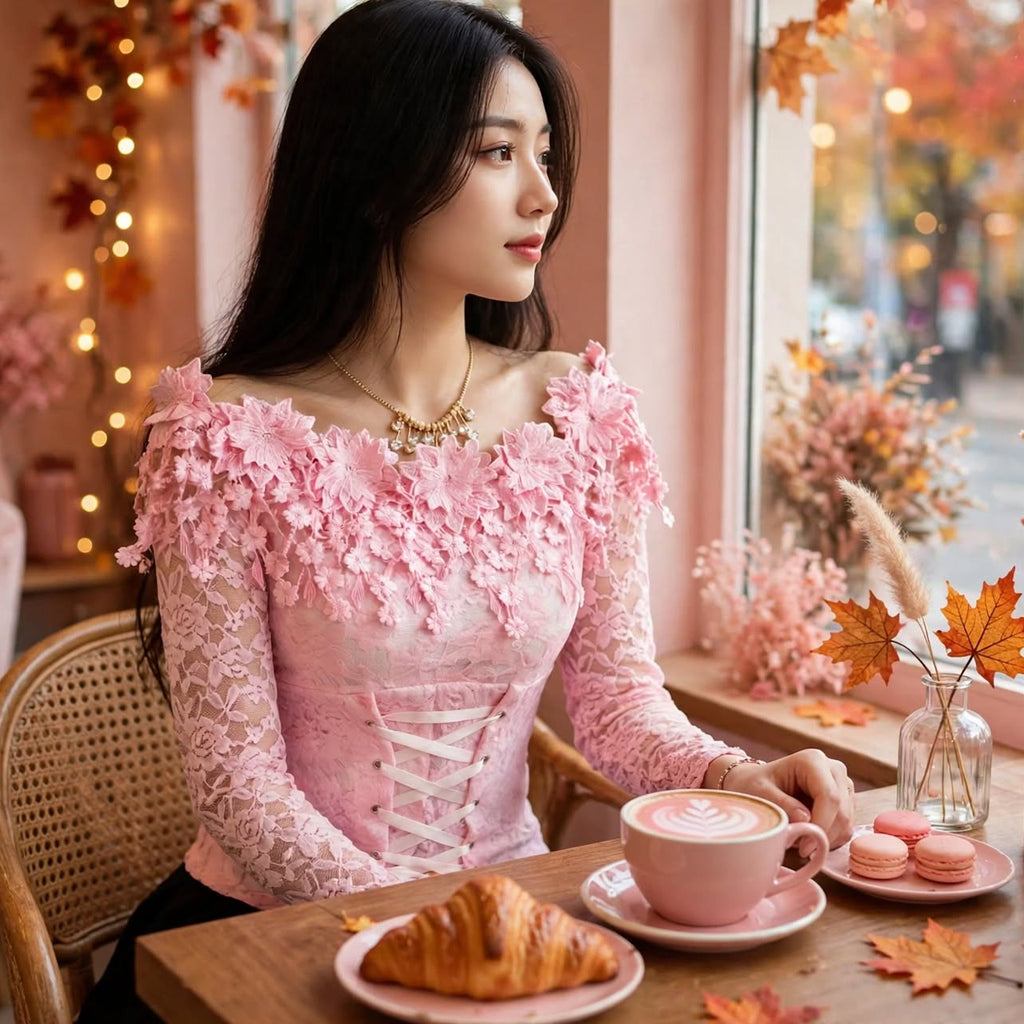 PINKLIZZIE | One-Shoulder Petal Lace Long-Sleeve Top