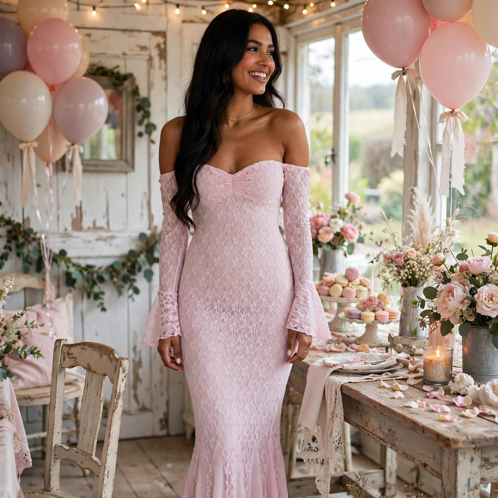 PINKLIZZIE | French Lace Long-Sleeve Pink Maxi Dress