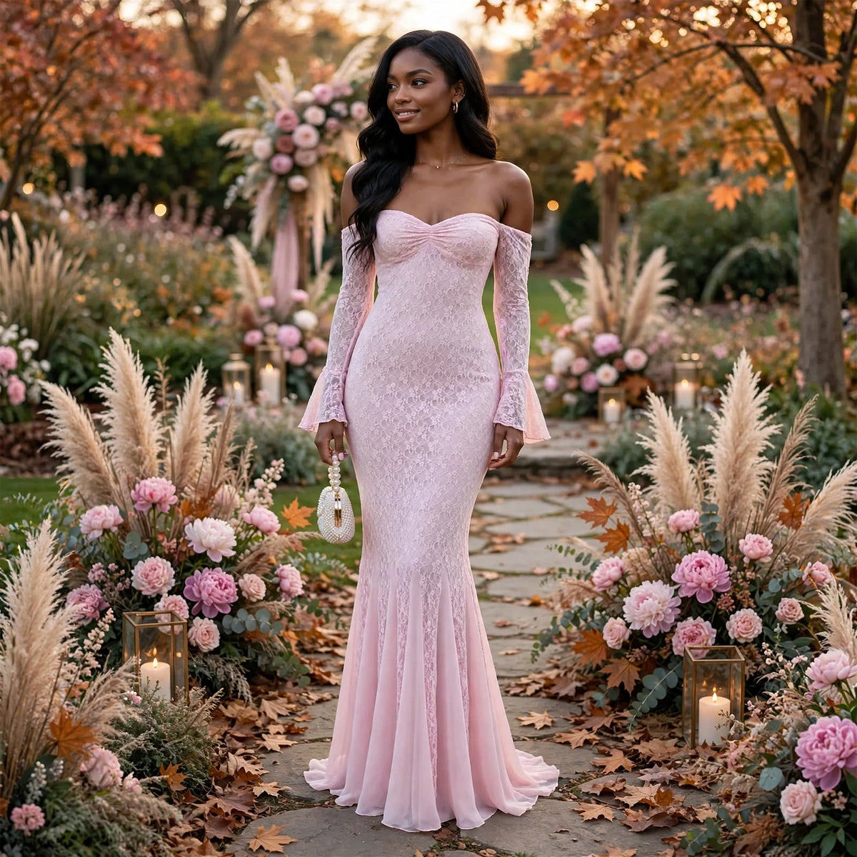 PINKLIZZIE | French Lace Long-Sleeve Pink Maxi Dress