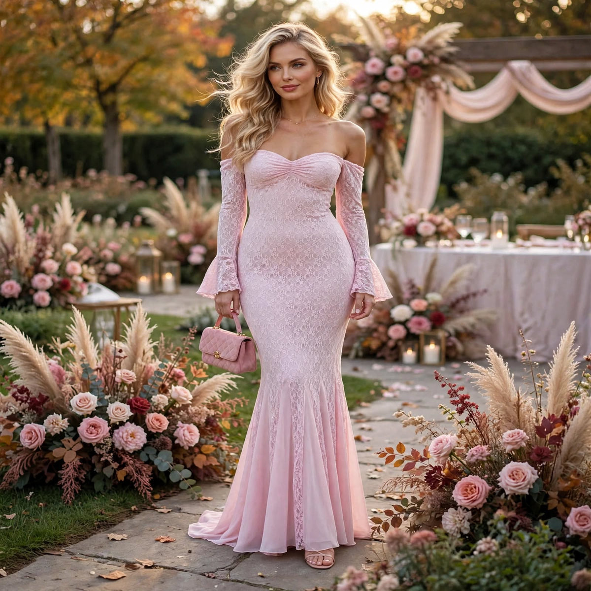 PINKLIZZIE | French Lace Long-Sleeve Pink Maxi Dress